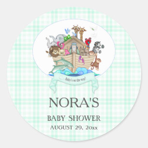 Noah's Ark Animals Mint Gingham Classic Round Sticker