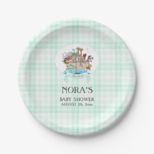 Noah's Ark Animals Mint Green Gingham Paper Plate