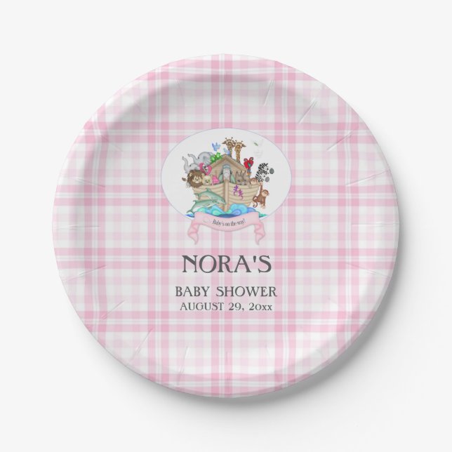 Noah's Ark Animals Pink Gingham Paper Plate (Front)