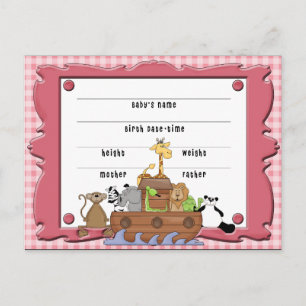 Noah's Ark Baby Girl Birth Certificate Postcard