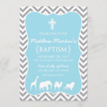 Noah's Ark Baptism Invitation Blue Grey Chevron