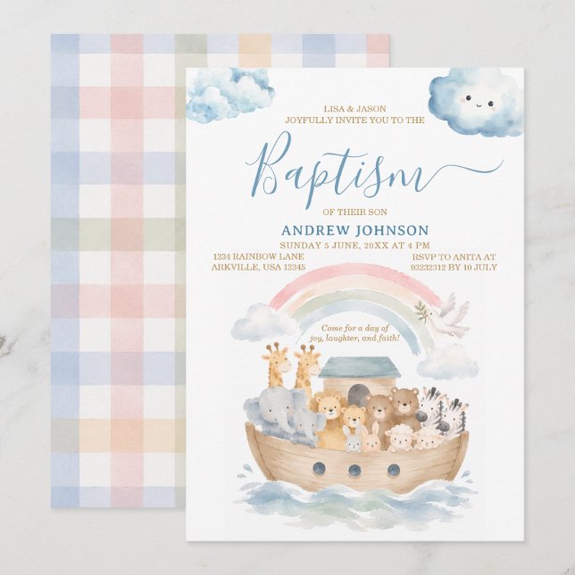 Noah's Ark Baptism Watercolor Invitation (Front/Back)