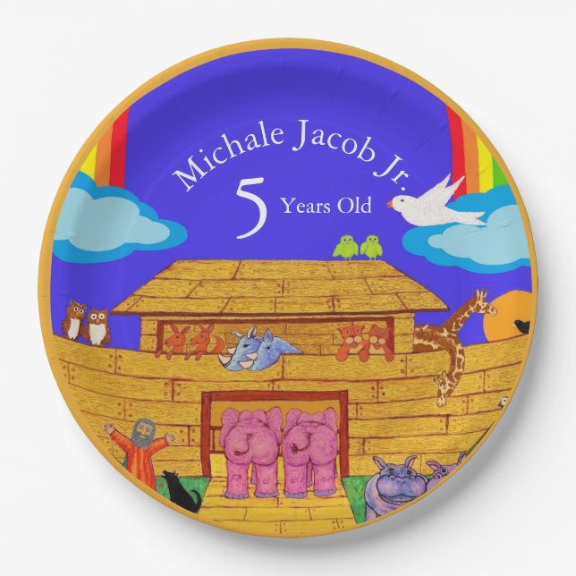 Noah's Ark Birthday Party Rainbow Elephant  Paper Plate (Front)