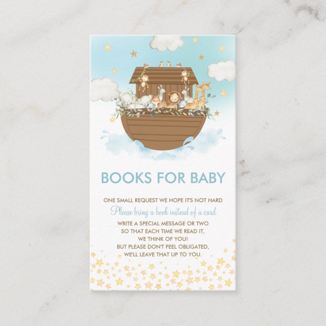 Noah's Ark Blue Baby Shower Books for Baby Enclosure Card (Front)