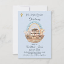 Noah's Ark Blue Boys Christening Invite Baptism 