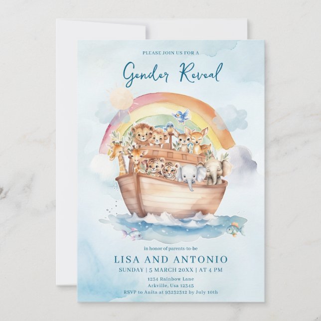 Noah's Ark Blue Watercolor Gender Reveal Invitation (Front)