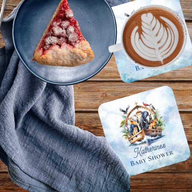Noah's Ark Cute Animals Blue Boy Baby Shower Square Paper Coaster (Noah's Ark Cute Animals Blue Boy Baby Shower Coaster)