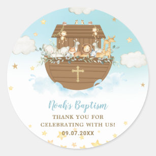 Noah's Ark Cute Animals Blue Boy Baptism Favour Classic Round Sticker