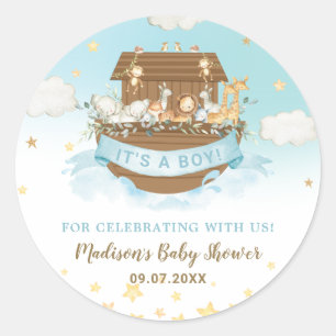 Noah's Ark Cute Animals Boy Baby Shower Blue Classic Round Sticker