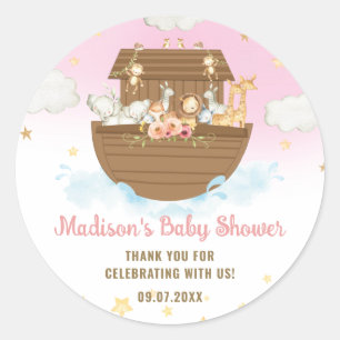 Noah's Ark Cute Animals Girl Baby Shower Favour Classic Round Sticker