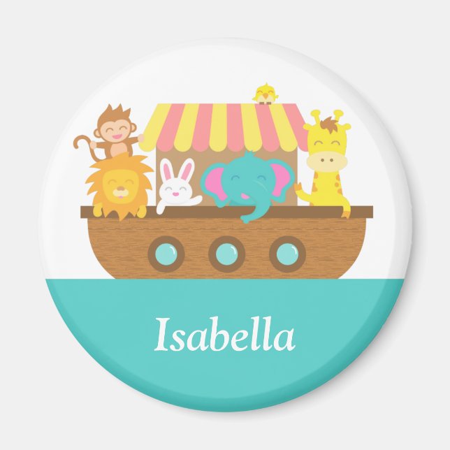 Noahs Ark Cute Animals On Boat Kids Personalised Magnet (Front)