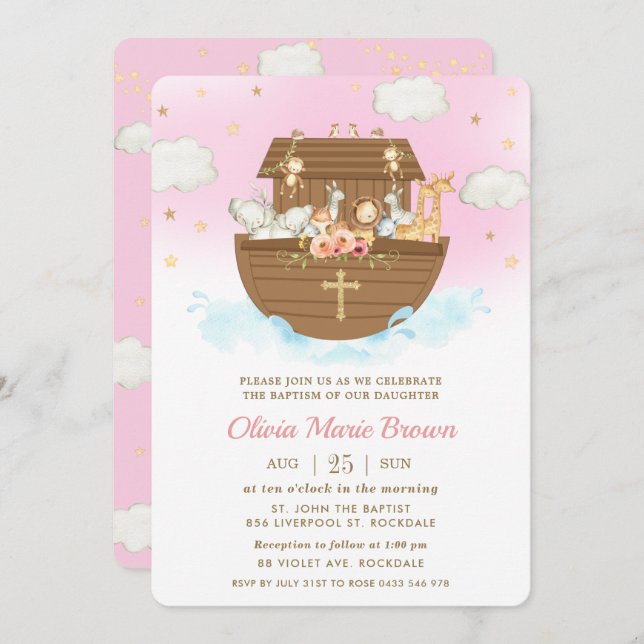 Noah's Ark Cute Animals Pink Baptism Christening  Invitation (Front/Back)