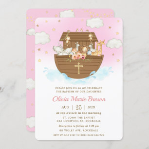 Noah's Ark Cute Animals Pink Baptism Christening  Invitation