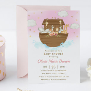 Noah's Ark Cute Animals Pink Girl Baby Shower Invitation