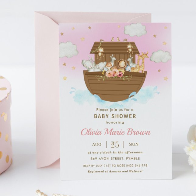 Noah's Ark Cute Animals Pink Girl Baby Shower Invitation (Creator Uploaded)