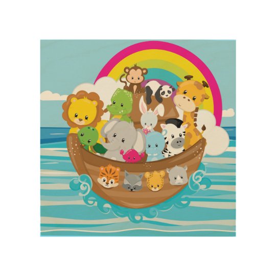 Noahs Ark Cute Animals Toddlers Fun Design Wood Print