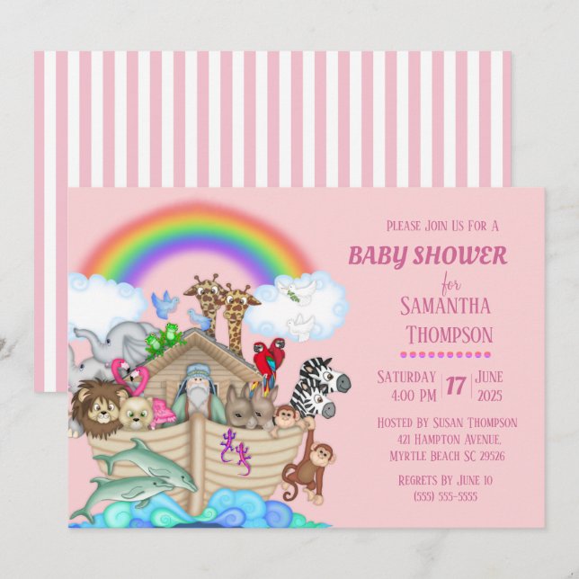 Noah's Ark Girls Baby Shower Invitation (Front/Back)