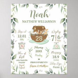 Noah's Ark Greenery Baby Birth Stats Nursery Poster