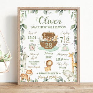Noah's Ark Greenery Baby Birth Stats Nursery Poster