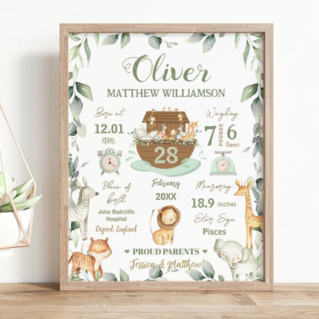 Noah's Ark Greenery Baby Birth Stats Nursery Poster (Creator Uploaded)