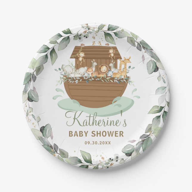 Noah's Ark Greenery Baby Shower Birthday Baptism Paper Plate (Front)