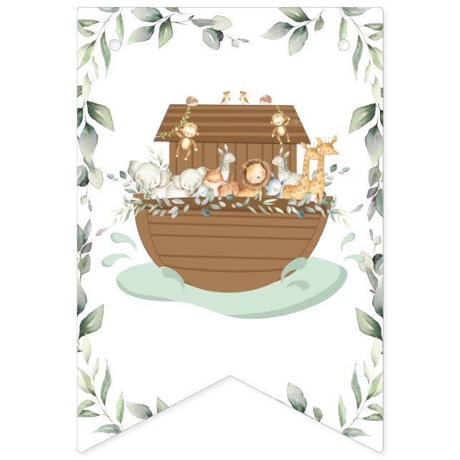 Noah's Ark Greenery Birthday Baby Shower Baptism Bunting (First Flag)