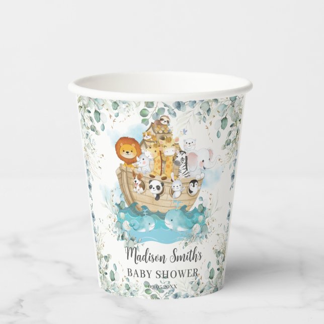 Noah's Ark Greenery Gender Neutral Baby Shower Paper Cups (Front)