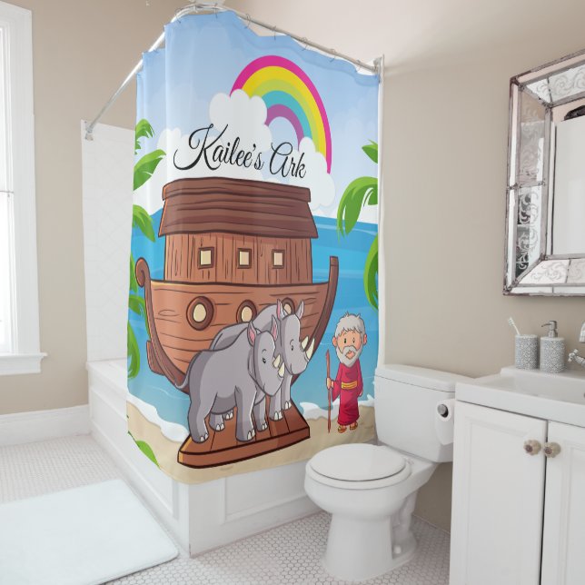 Noah's Ark Personalised Colourful Kids Bible Shower Curtain (In Situ)
