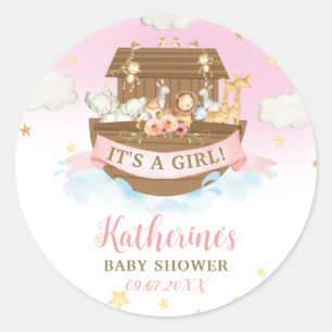 Noah's Ark Pink Animals Girl Baby Shower Favor Classic Round Sticker