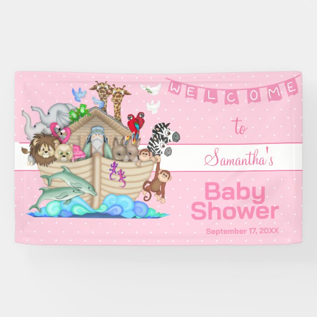 Noah's Ark Pink Baby Shower Banner (Horizontal)