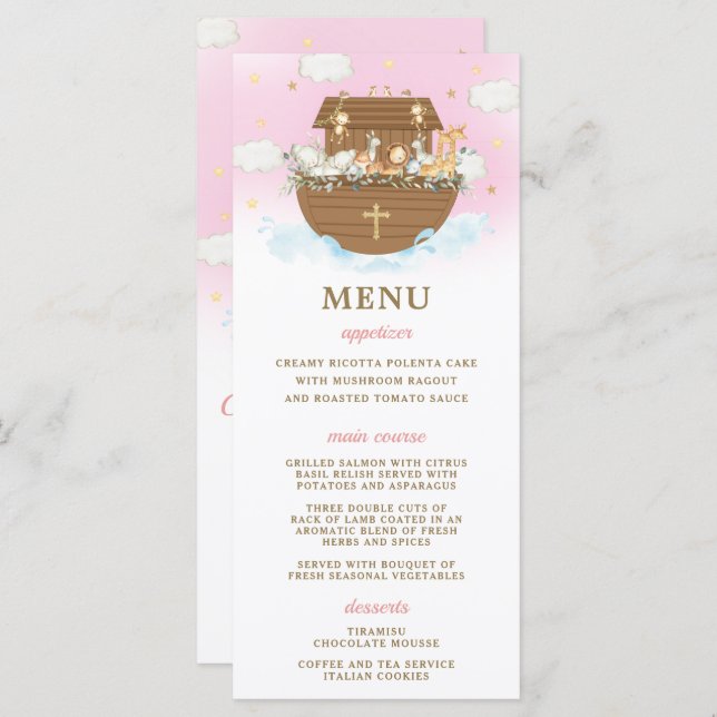 Noah's Ark Pink Baptism Birthday Baby Shower Menu (Front/Back)