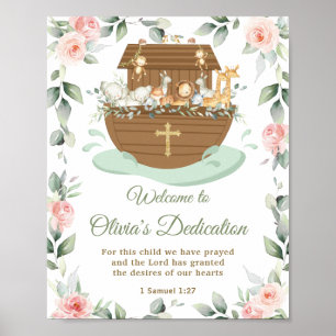 Noah's Ark Pink Floral Dedications Christening Poster