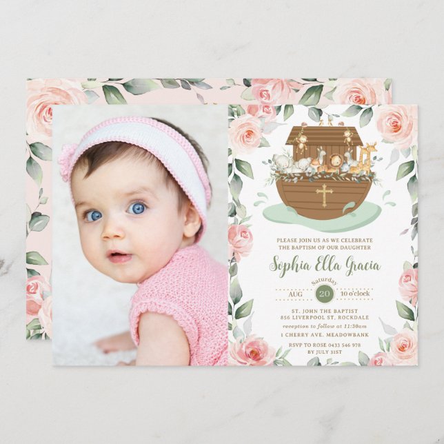 Noah's Ark Pink Floral Girl Baptism Christening Invitation (Front/Back)