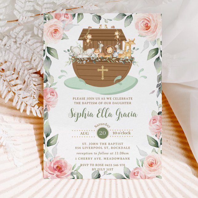 Noah's Ark Pink Floral Girl Baptism Christening Invitation (Creator Uploaded)