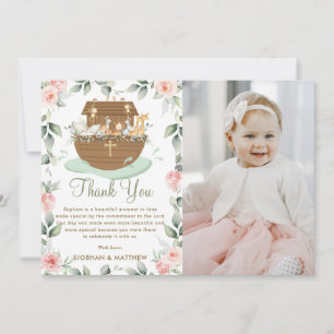 Noah's Ark Pink Floral Girl Baptism Christening Thank You Card