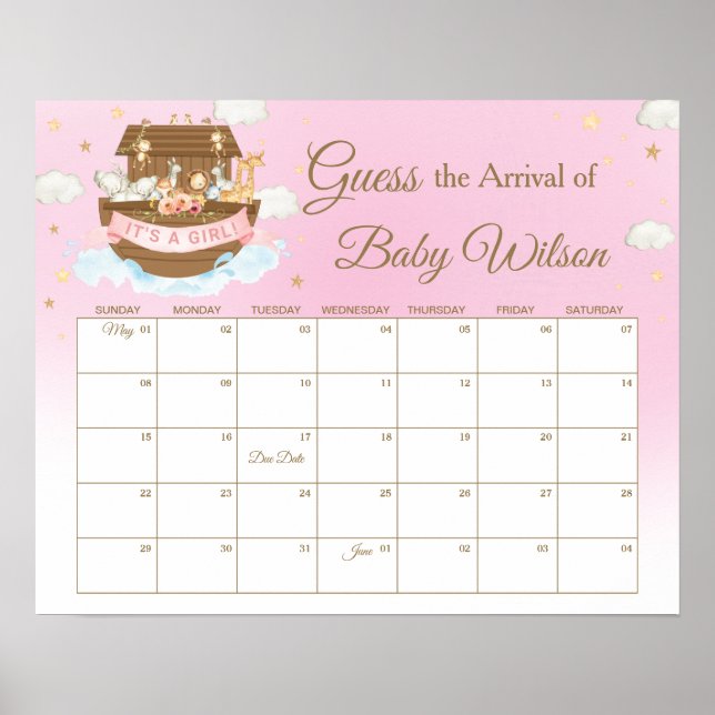 Noah's Ark Pink Girl Guess Baby's Due Date Game Poster (Front)