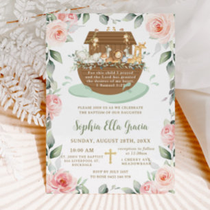 Noah's Ark Pink Roses Greenery Baptism Christening Invitation