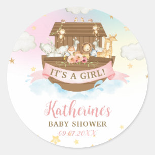 Noah's Ark Rainbow Animals Girl Baby Shower Favour Classic Round Sticker