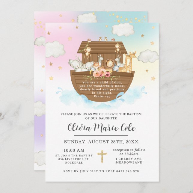 Noah's Ark Rainbow Baptism Christening Dedication Invitation (Front/Back)