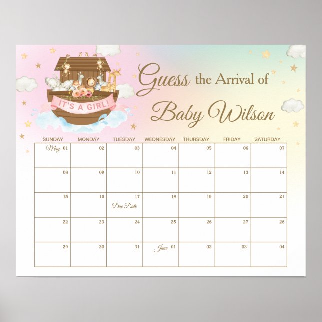 Noah's Ark Rainbow Pink Guess Baby's Due Date Game Poster (Front)