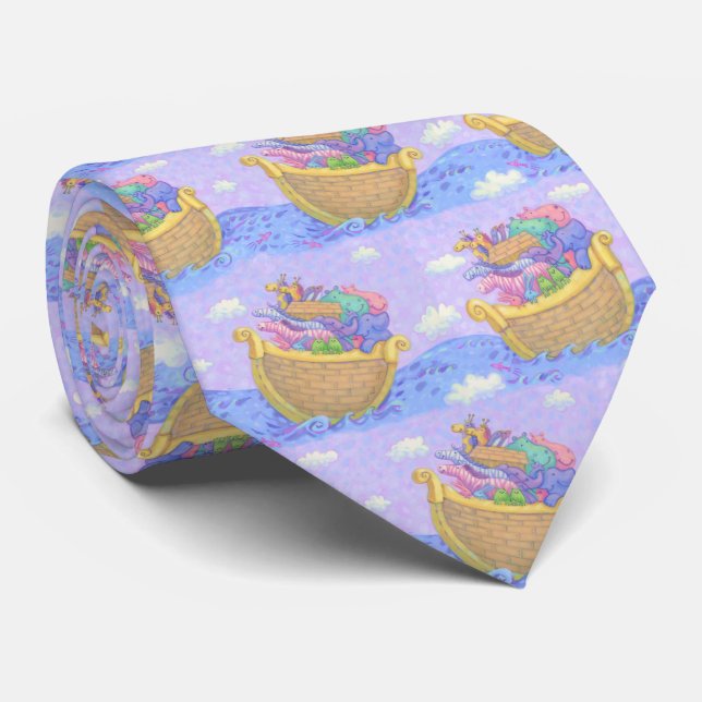 Noah's Ark Religious Novelty Purple Pattern Tie (Rolled)