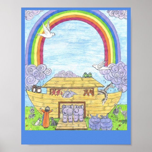Noah's Ark  Watercolor Rainbow Animal Elephant Poster (Front)