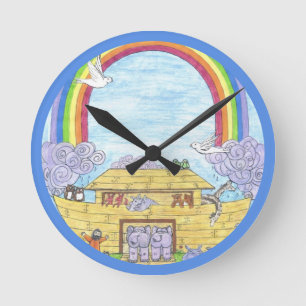 Noah's Ark  Watercolor Rainbow Animal Elephant Round Clock