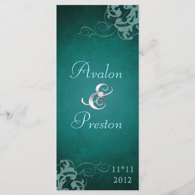 Nobel Teal Scroll Teal  Wedding Program (Front)