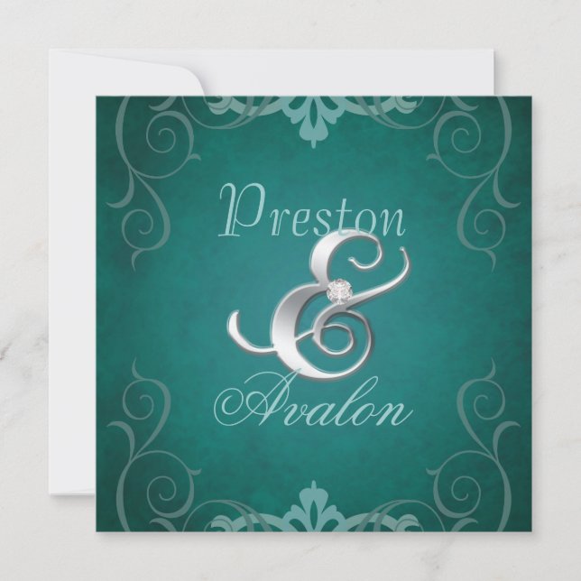 Nobel Teal Texture Silver Scroll Invitation (Front)