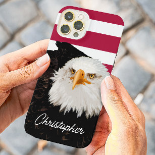 Noble Bald Eagle Patriotic USA Flag Stripes + Name iPhone 14 Case