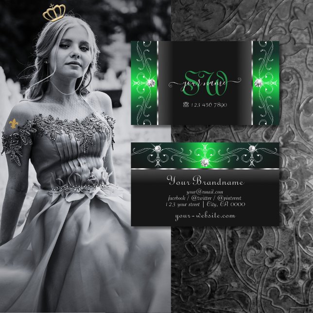 Noble Black and Green Squiggled Jewels Monogram Business Card (Creator Uploaded)