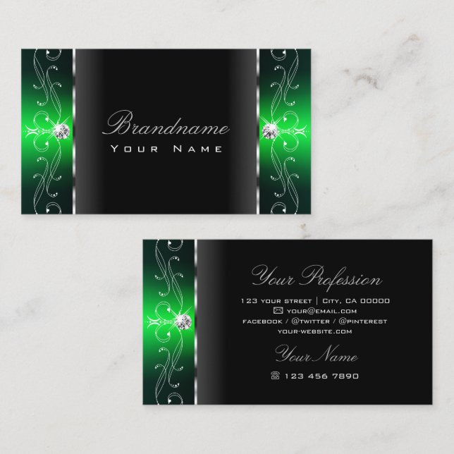 Noble Black and Green Squiggled Jewels Ornamental Business Card (Front/Back)