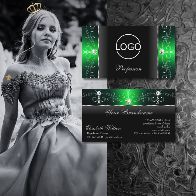 Noble Black and Green Squiggled Jewels with Logo Business Card (Creator Uploaded)