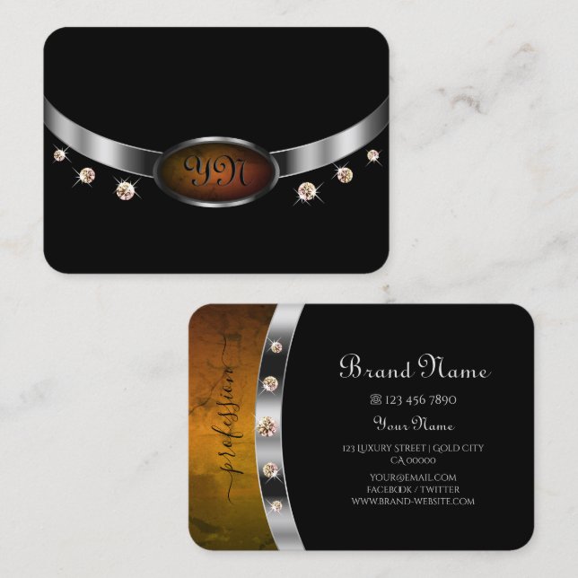 Noble Black and Silver with Initials Rhinestones Business Card (Front/Back)